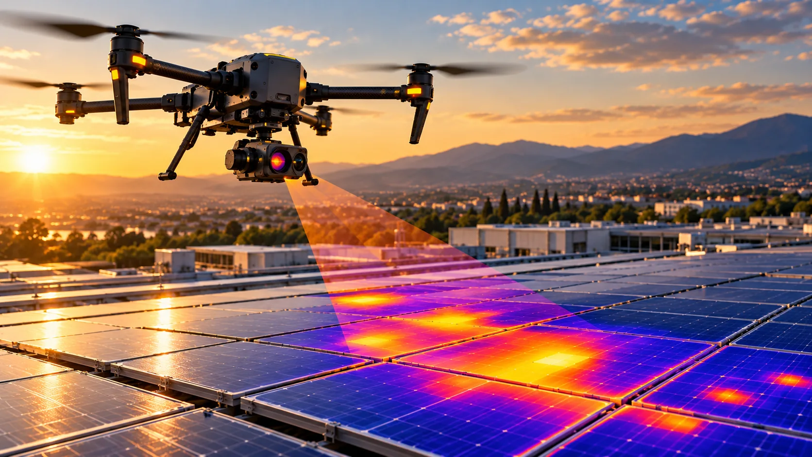 Rappresentazione termografica illustrativa di pannelli fotovoltaici ispezionati con drone