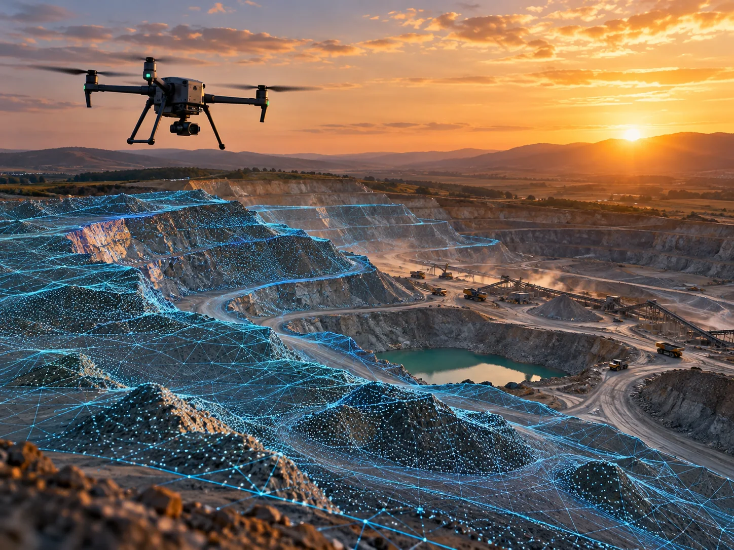 Rilievo aerofotogrammetrico di una cava con drone, scena illustrativa