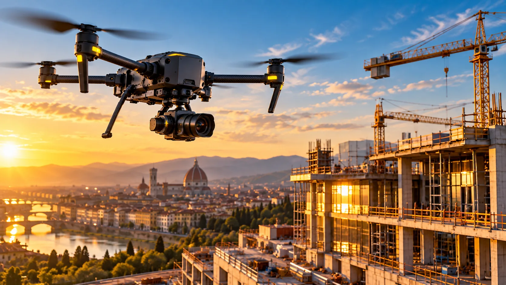 Drone per riprese fotografiche e video di un cantiere, scena illustrativa