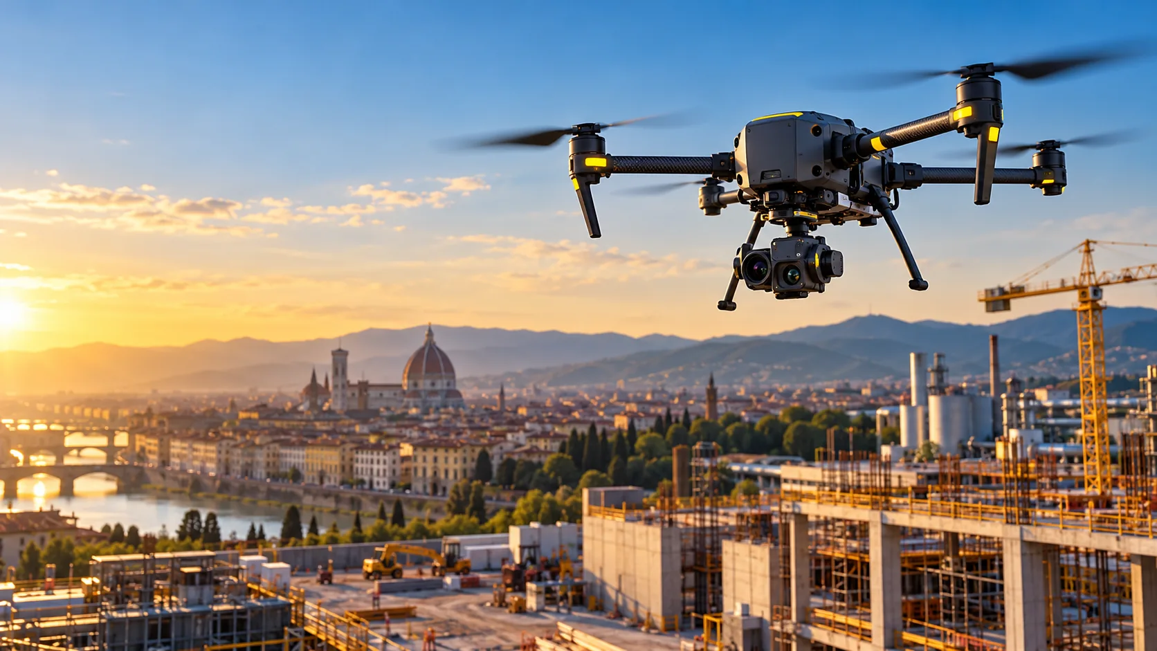 Drone in volo su un contesto industriale e infrastrutturale — immagine illustrativa